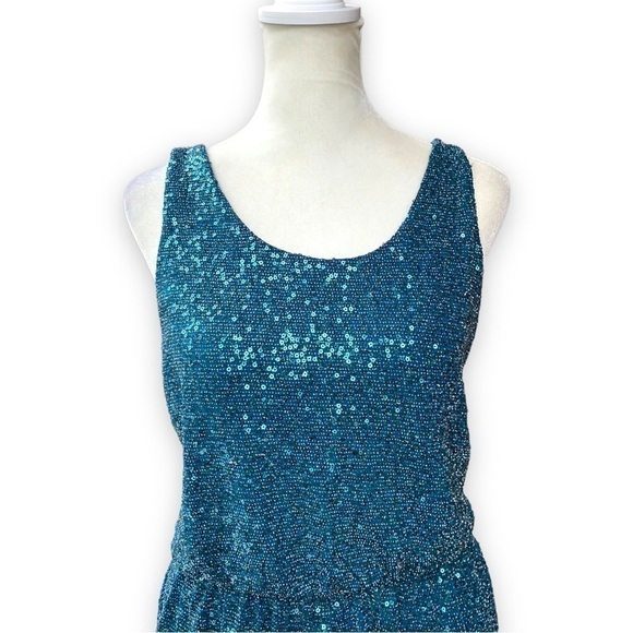 𝅺EXPRESS Teal Sequin Low Surplice Back Cocktail Mini Dress - Picture 3 of 14
